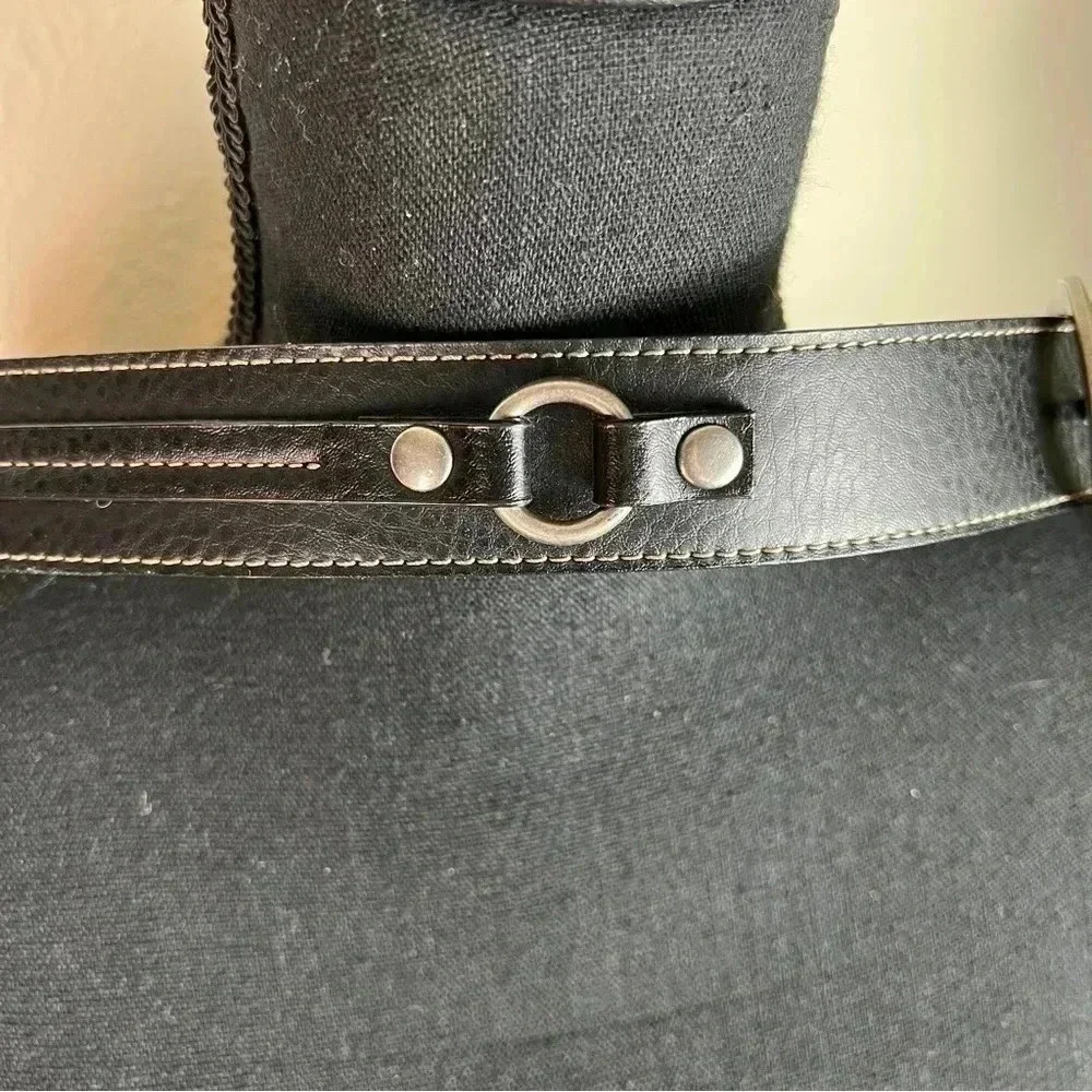 Women’s Vegan Black Pebble Leather Brushed Silver Tone Equestrian Belt Size XL